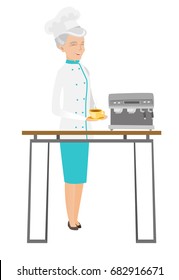 Chef caucasiano sênior fazendo café com uma máquina de café. Chef segurando xícara de café quente. Chef ao lado da máquina de café. Ilustração de design plano vetorial isolada sobre fundo branco.