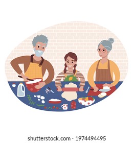 Senior caucasian couple with kid making food together. Grandfather, grandmother and granddaughter preparing a meal. Grandparents teaching grandchild to cook. Flat style illustration