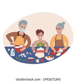 Senior caucasian couple with kid making food together. Grandfather, grandmother and grandson preparing a meal. Grandparents teaching grandchild to cook. Flat style illustration