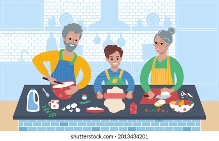 Senior caucasian couple with kid making food together. Grandfather, grandmother and grandson preparing a meal in the kitchen. Grandparents teaching grandchild to cook. Flat style illustration