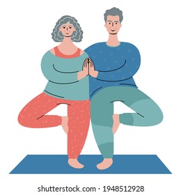 Senior caucasian couple practicing yoga together. An elderly man and woman wearing colorful activewear standing in a tree pose. Flat style illustration. 