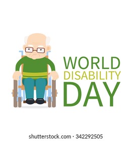 Senior caucasian disabled  bald man in wheelchair. Funny flat vector character on isolated background. Could be used as banner or illustration for World Disability Day.