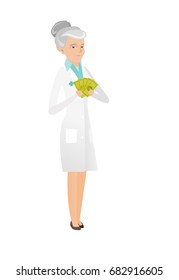 Senior caucasian doctor in medical gown holding money. Excited doctor standing with money in hands. Full length of doctor with money. Vector flat design illustration isolated on white background.