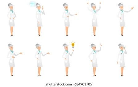 Senior caucasian doctor set. Doctor laughing, pointing at idea light bulb, standing with raised arms up, talking on a mobile phone. Set of vector flat design illustrations isolated on white background