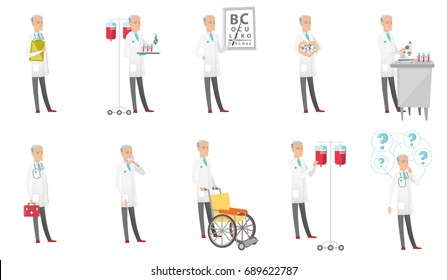 Senior caucasian doctor set. Scientist working with microscope, ophthalmologist pointing at eye chart, dentist with loupe. Set of vector flat design cartoon illustrations isolated on white background.