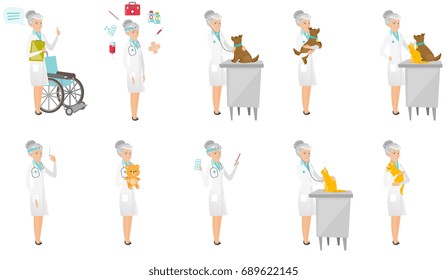 Senior caucasian doctor set. Veterinarian examining dog, doctor holding syringe, thermometer, pills, pediatrician with teddy bear. Set of vector flat design illustrations isolated on white background.