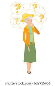 Senior caucasian farmer with question marks. Farmer thinking with finger on chin and question marks above her head. Vector flat design illustration isolated on white background.