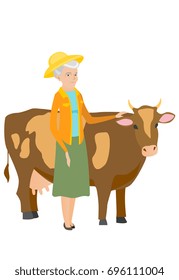 Senior caucasian farmer stroking a cow. Female farmer standing near a cow. Smiling cow breeder standing in front of cow. Vector flat design illustration isolated on white background.