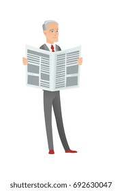 Senior caucasian happy businessman standing with newspaper in hands. Cheerful smiling businessman reading good news in a newspaper. Vector flat design cartoon illustration isolated on white background