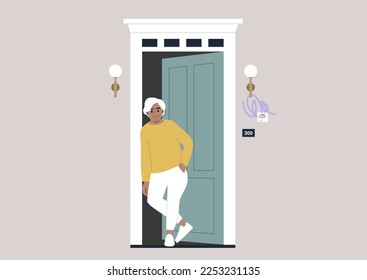 A senior Caucasian lady waiting in the doorway at the entrance at the building, daily neighborhood life