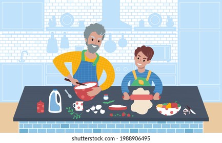 Senior caucasian man and his grandchild preparing food together. Teaching child to cook. Grandfather and grandson time in the kitchen. Flat style vector illustration.
