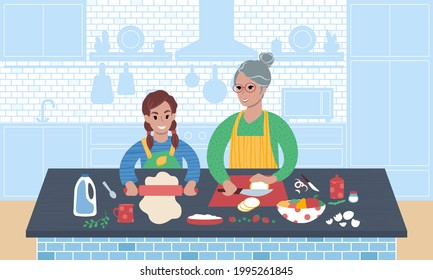 Senior caucasian woman and her grandchild preparing food together. Teaching child to cook. Grandmother and granddaughter time in the kitchen. Flat style vector illustration.
