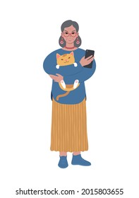 Senior Caucasian Woman Holding Up A Cute Cat And A Smartphone. Pets And Mobile Devices. Flat Style Vector Illustration.