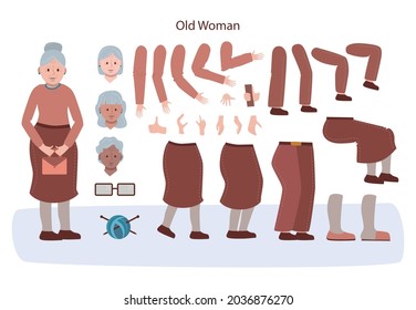 Senior character animation set. Old woman with various views, hairstyles, emotions, poses and gestures. Isolated vector illustration