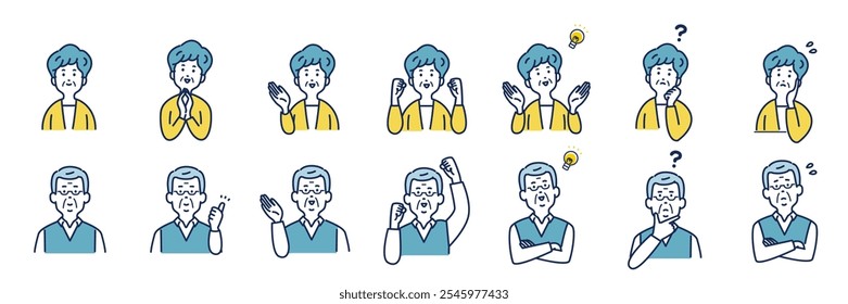 Senior Character Icons: Simple Line Art with Smiles, Thinking, and Energetic Poses : Bust Only, Simple Line Art