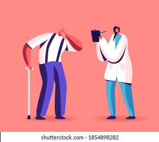 Senior Character at Medical Hear Exam, Old man Hard of Hearing Suffering of Hearing Impairment Visiting Doctor for Appointment, Treatment or Impair Diagnosis. Cartoon People Vector Illustration