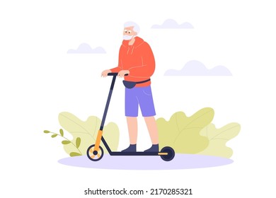 Senior character riding electric scooter outdoors. Urban scene with old man on personal transporter on road flat vector illustration. Active ageing, technology, transportation concept for banner