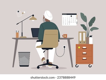 A senior character sitting at a desk, diligently using their computer, seen from behind, a scene representing the concept of a working pensioner, highlighting continued productivity in later life.