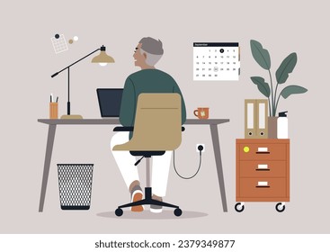 A senior character sitting at a desk, diligently using their computer, seen from behind, a scene representing the concept of a working pensioner, highlighting continued productivity in later life.