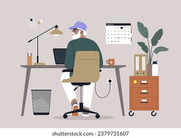 A senior character sitting at a desk, diligently using their computer, seen from behind, a scene representing the concept of a working pensioner, highlighting continued productivity in later life.