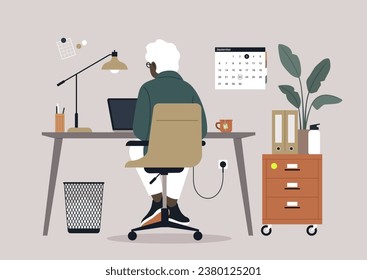 A senior character sitting at a desk, diligently using their computer, seen from behind, a scene representing the concept of a working pensioner, highlighting continued productivity in later life.