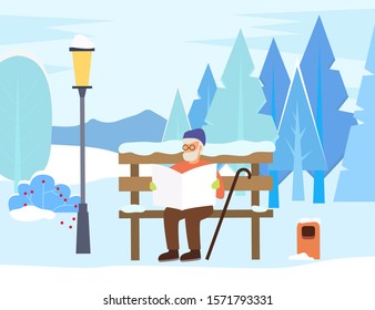 Senior character sitting on snowy bench and holding newspaper in winter park. Male character in glasses reading paper outdoor. Older human walking near fir-trees with snow-falling weather vector