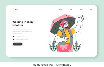 Senior character under the rain web banner or landing page. Rainy and cloudy weather in summer or spring. Old woman under umbrella walking outdoor. Flat vector illustration