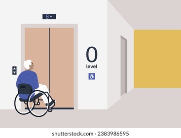 Personaje mayor en silla de ruedas esperando el ascensor en un edificio residencial, en el interior