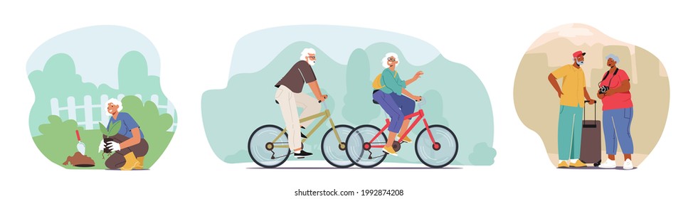 Senior Characters Active Lifestyle, Aged Man and Woman Gardening, Riding Bicycle or Traveling. Aged Couple Healthy Lifestyle, Travel on Vacation, Pensioner Activity. Cartoon People Vector Illustration