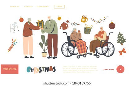 Senior Characters Celebrate Christmas Landing Page Template. Aged Men and Women Greeting and Congratulating Each Other. Holiday Celebration, Winter Season, Xmas Time. Linear People Vector Illustration