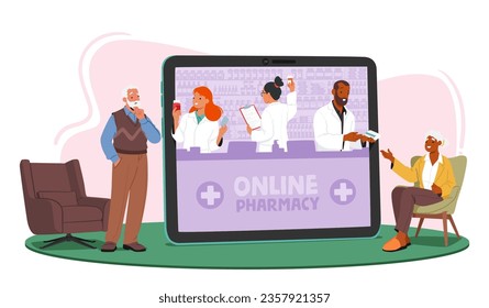 Senior Characters Conveniently Order Prescriptions And Medications From An Online Store, Ensuring Easy Access To Their Healthcare Needs From The Comfort Of Their Homes. Cartoon Vector Illustration