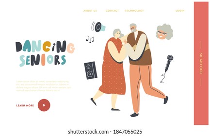 Senior Characters Couple Dancing Landing Page Template. Elderly People Active Lifestyle, Old Man and Woman in Loving or Friendly Relations Spend Time with Dance, Leisure. Linear Vector Illustration