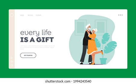 Senior Characters Couple Dancing Landing Page Template. Elderly People Active Lifestyle, Old Man and Woman in Loving or Friendly Relations Spend Time, Dance Leisure. Cartoon People Vector Illustration