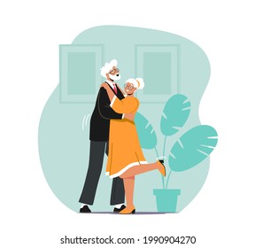 Senior Characters Couple Dancing Sparetime, Elderly People Active Lifestyle, Old Man and Woman in Loving or Friendly Relations Spend Time Together, Dance Leisure. Cartoon People Vector Illustration