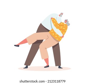 Senior Characters Dance Leisure. Old Cheerful Couple Dancing, Elderly People Active Lifestyle, Aged Man and Woman in Loving Relations Spend Time Together, Dating. Cartoon People Vector Illustration
