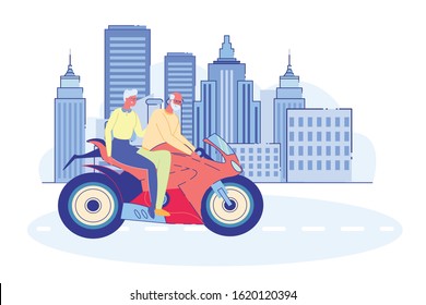Senior Characters Driving Fast on Scooter. Adorable Couple of Cheerful Seniors Riding Motorbike, Man and Woman Pensioner Active Lifestyle, Aged People Extreme Activity Cartoon Flat Vector Illustration