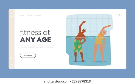 Senior Characters Exercise In Pool Landing Page Template. Old People Smiling While Participating In Fun Aqua Aerobics Class, Improving Their Fitness And Health. Cartoon Vector Illustration