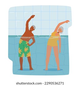 Senior Characters Exercise In Pool, Smiling While Participating In Fun Aqua Aerobics Class, Improving Their Fitness And Overall Health To Stay Active And Healthy. Cartoon People Vector Illustration