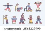 Senior characters are exercising for a healthy life. Cuttiny character with outline.