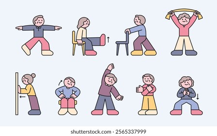 Senior characters are exercising for a healthy life. Cuttiny character with outline.