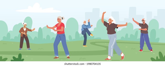 Senior Characters Exercising Outdoors Making Tai Chi for Healthy Body, Flexibility and Wellness. Pensioners Morning Workout at City Park, Group Classes for Elderly People. Cartoon Vector Illustration