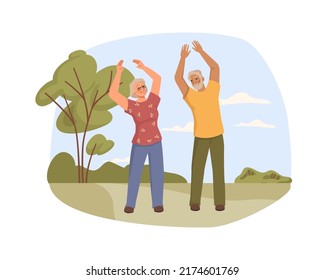 Senior characters exercising outdoors making physical exercises. Vector illustration of healthy people doing stretching. Pensioners morning workout at city park, elderly sport flat cartoon