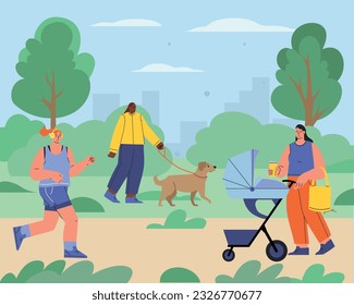 Senior Characters Exercising Outdoors Making Tai Chi for Healthy Body, Flexibility and Wellness. Pensioners Morning Workout at City Park, Group Classes for Elderly People. Cartoon Vector Illustration