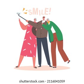 Senior Characters Group Making Selfie Together. Old Friends Cheerful Sparetime, Elderly Happy Modern Grandparents Using Smartphones Isolated on White Background. Cartoon People Vector Illustration