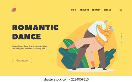 Senior Characters Romantic Dance Landing Page Template. Old Couple Dancing, Elderly People Active Lifestyle, Aged Man or Woman in Loving Relation Spend Time, Dating. Cartoon People Vector Illustration