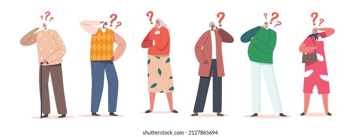 Senior Characters Thinking, Forgetful Pensive Elderly People with Alzheimer Disease. Confused Grandfather, Grandmother Forget and Trying Remember. Troubled Worried Oldies. Cartoon Vector Illustration