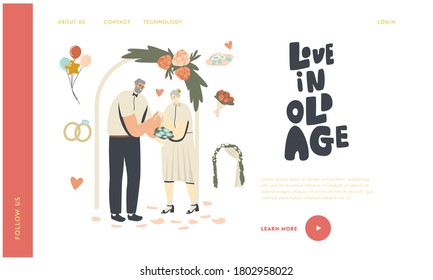 Senior Characters Wedding Ceremony Landing Page Template. Happy Bridal Couple Get Married Changing Rings. Aged Bride and Groom Hold Hands. Newlywed Old People Love Relation. Linear Vector Illustration