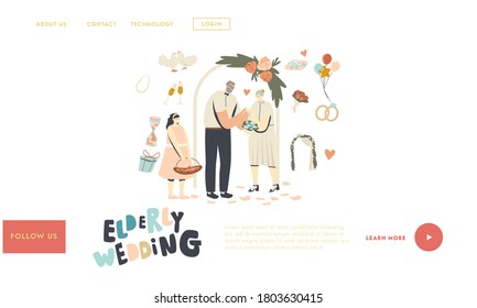 Senior Characters Wedding Ceremony Landing Page Template. Happy Bridal Couple Getting Married Changing Rings. Aged Bride and Groom Holding Hands. Newlywed People Relations. Linear Vector Illustration