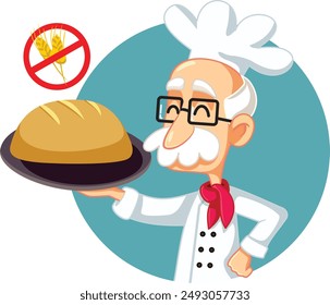 
Senior Chef Baking Gluten Free Bread Vector Cartoon. Elderly cook baking some products for celiac disease 
