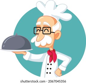 Senior Chef Holding a Platter Vector Cartoon Illustration. Elderly cook making delicious traditional recipe 
